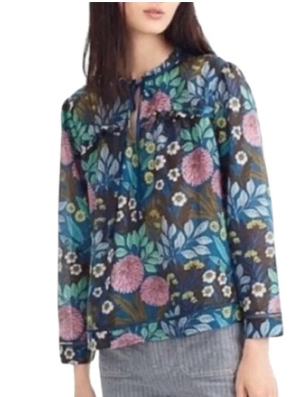 J. Crew x Abigail Borg Silk Floral Print Tie Neck Top in Prairie Moonlight  S